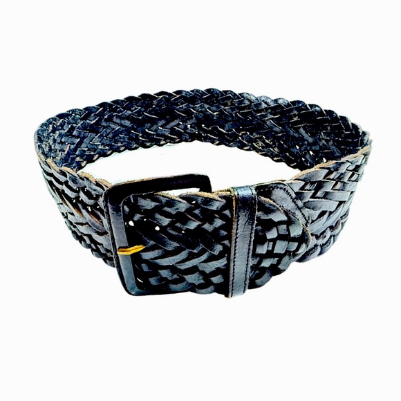OMEGAVintage Wide Black Leather Braided Cinch Belt Boho Western Coastal Beach